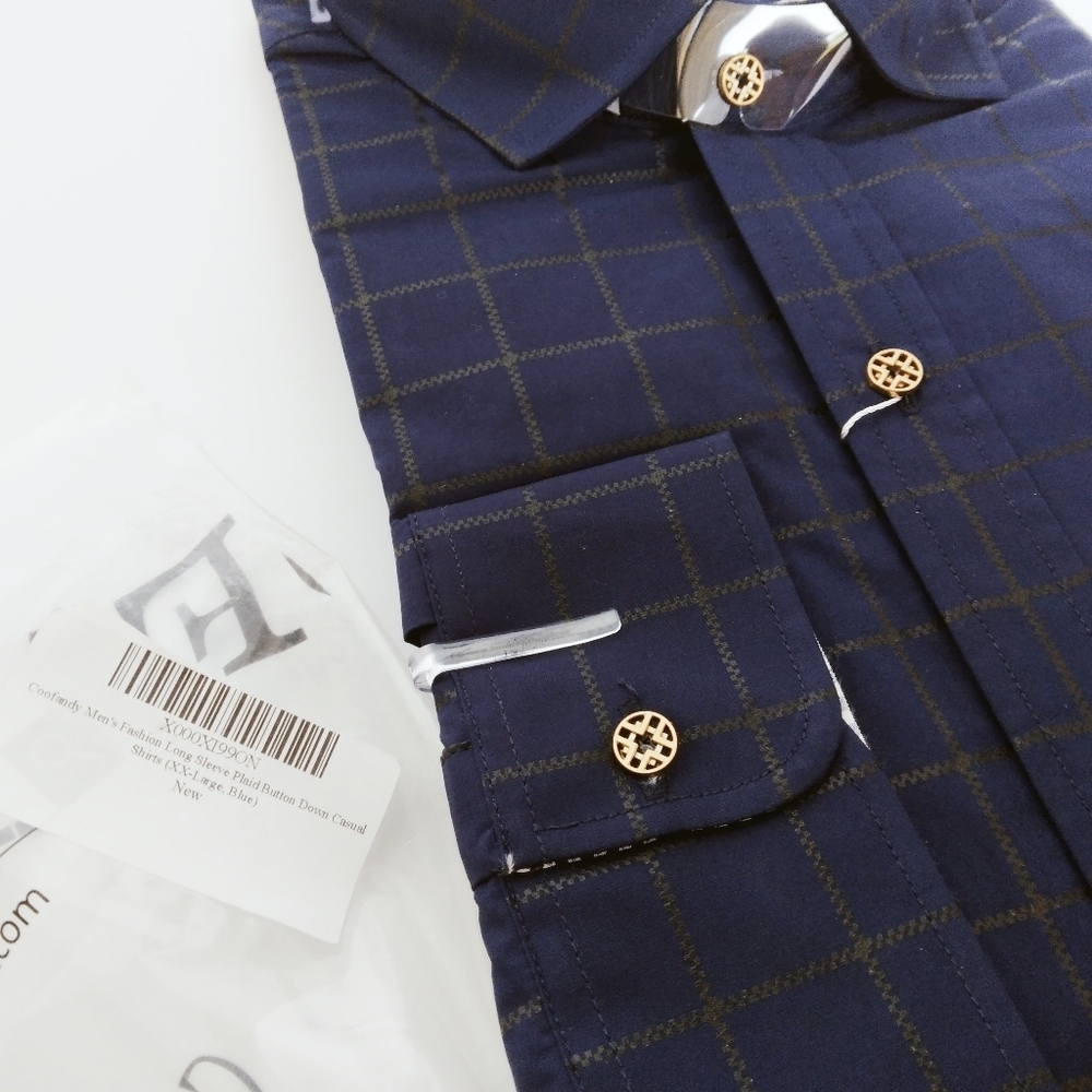 Coofandy Mens 2XL Plaid Casual Button Down Long Sleeve Blue Shirt